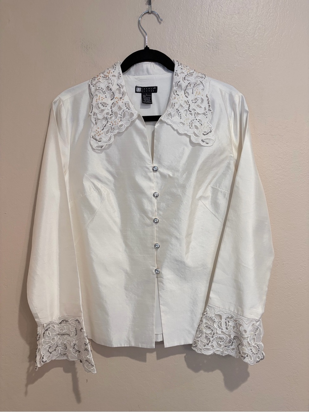 Vintage Carole Little Pearl White Button Up Blouse, w/ Lace & Beadwork, size L